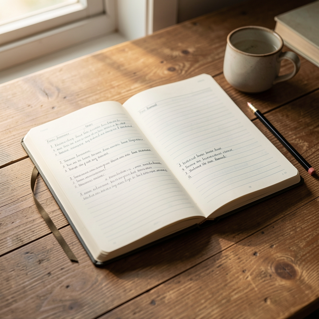 Open food journal notebook on a wooden desk with a pencil, morning daylight from the side