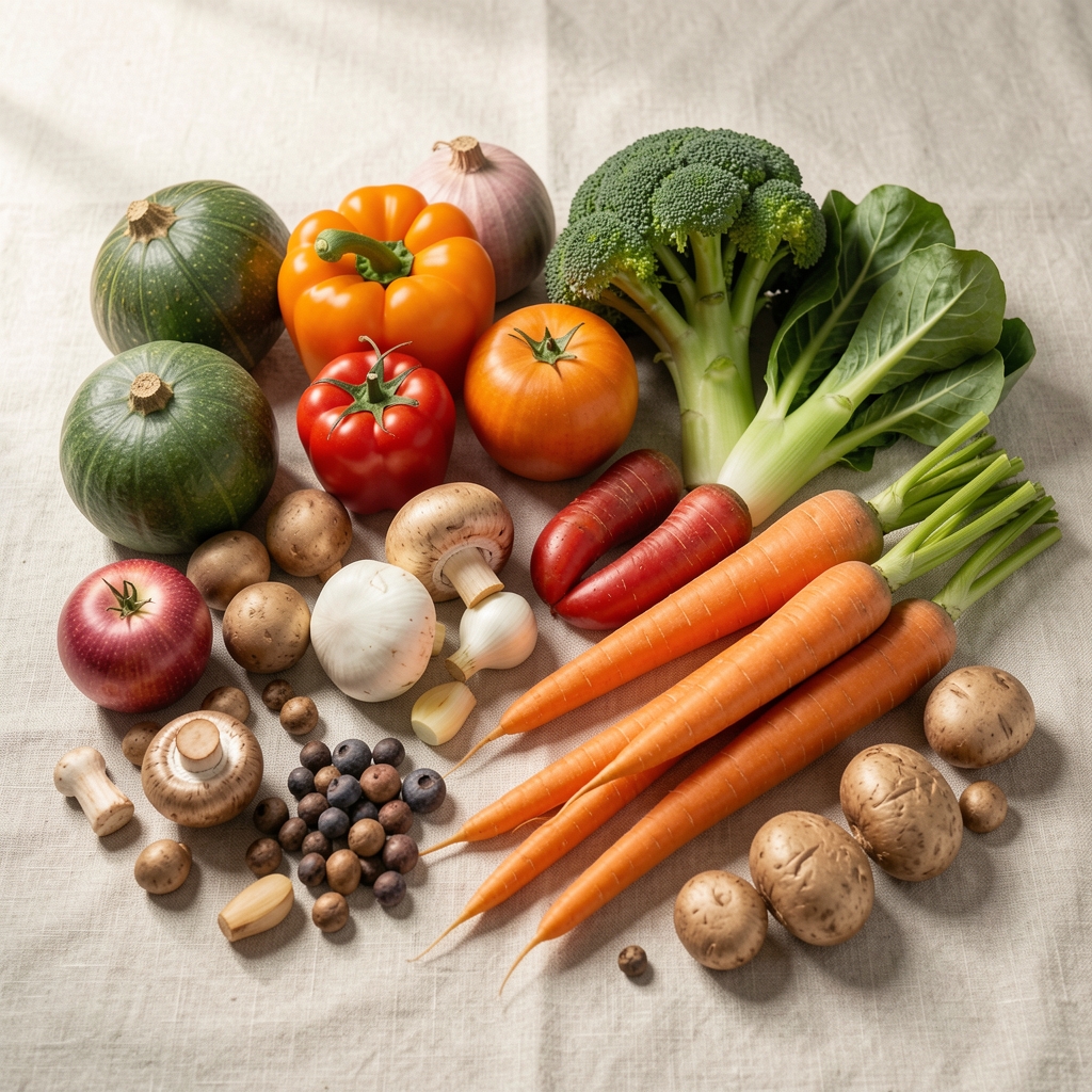 Seasonal vegetables and root produce arranged on a pale stone surface in soft autumn light, overhead editorial composition