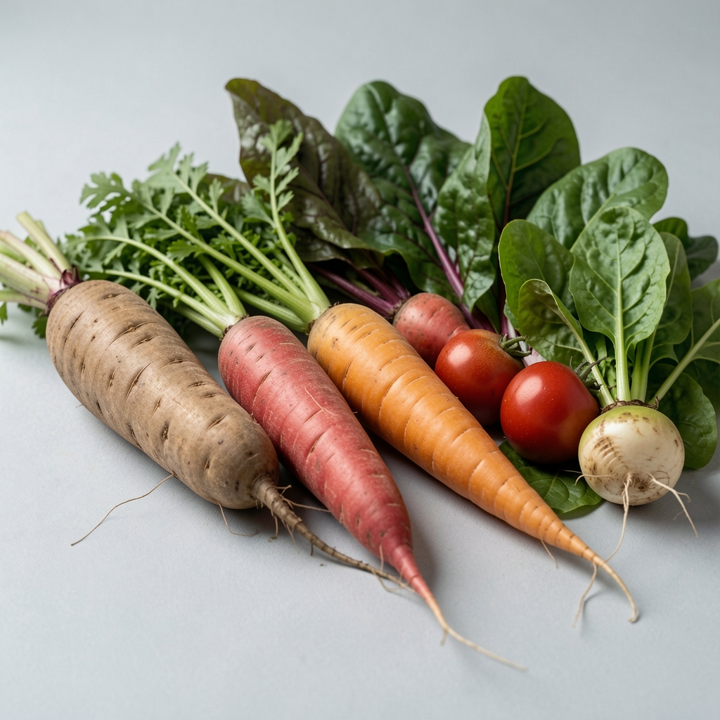 Close-up of seasonal root vegetables and leafy greens arranged on a pale grey surface, editorial composition