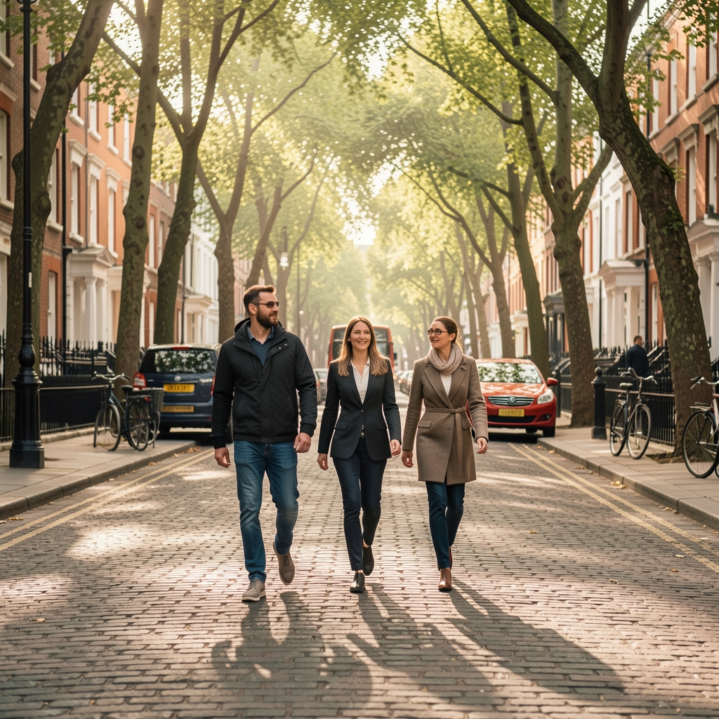 Active morning walk along a tree-lined London street, early light, street level perspective