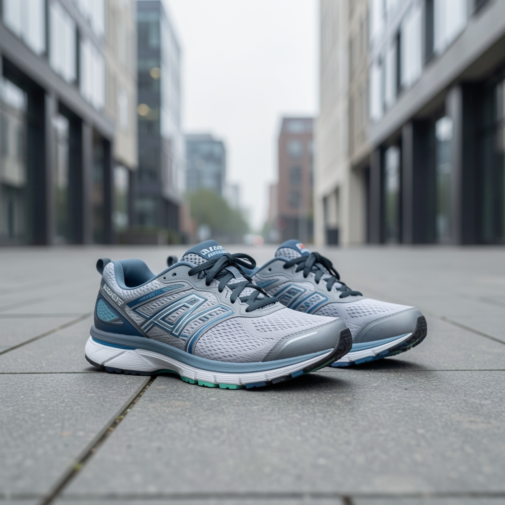 Morning jogger on a quiet London street at dawn, motion impression in overcast light, active daily routine