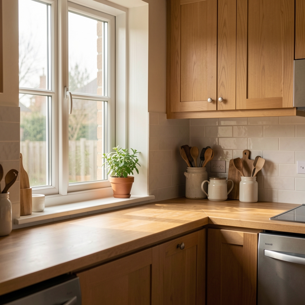 Morning light across a kitchen counter with fresh seasonal vegetables arranged in natural light, editorial food photography