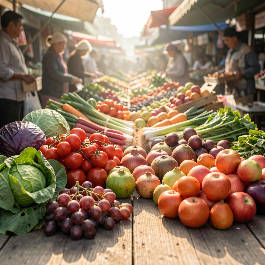 Market produce arranged on a wooden surface, early morning light